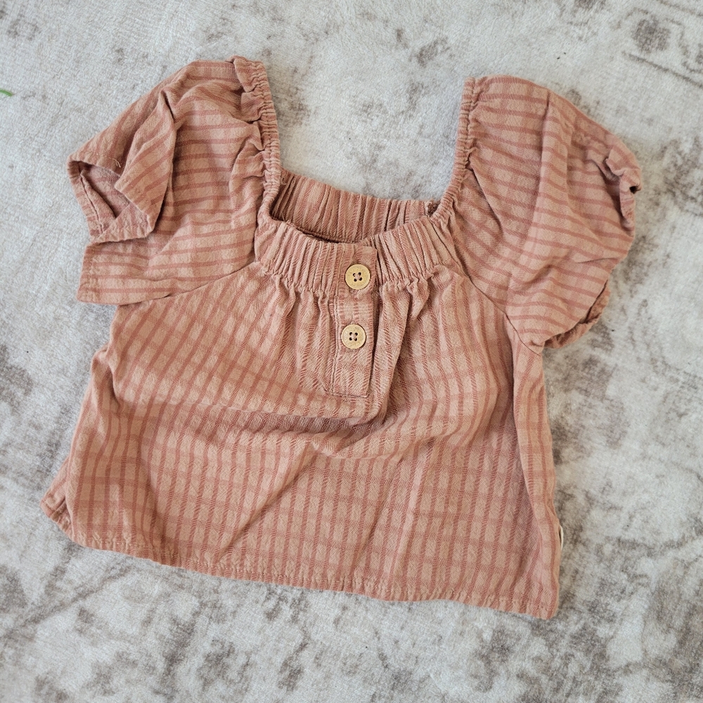 Easy Peasy Girls Puff Sleeve Cropped‎ Top Pink Red Plaid Button Front 2T